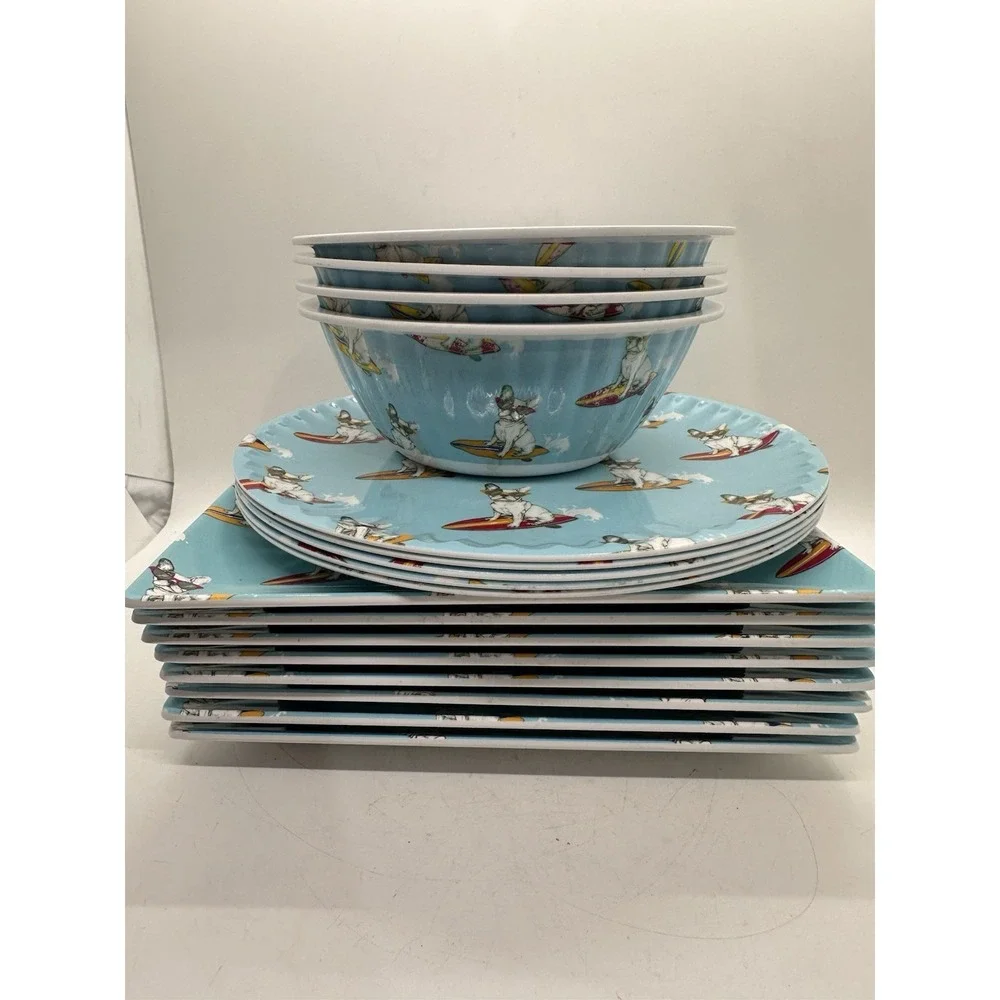 Alex & Zoë French Bulldog Surfing Melamine Dinnerware 17 Pc Plates Bowls Set